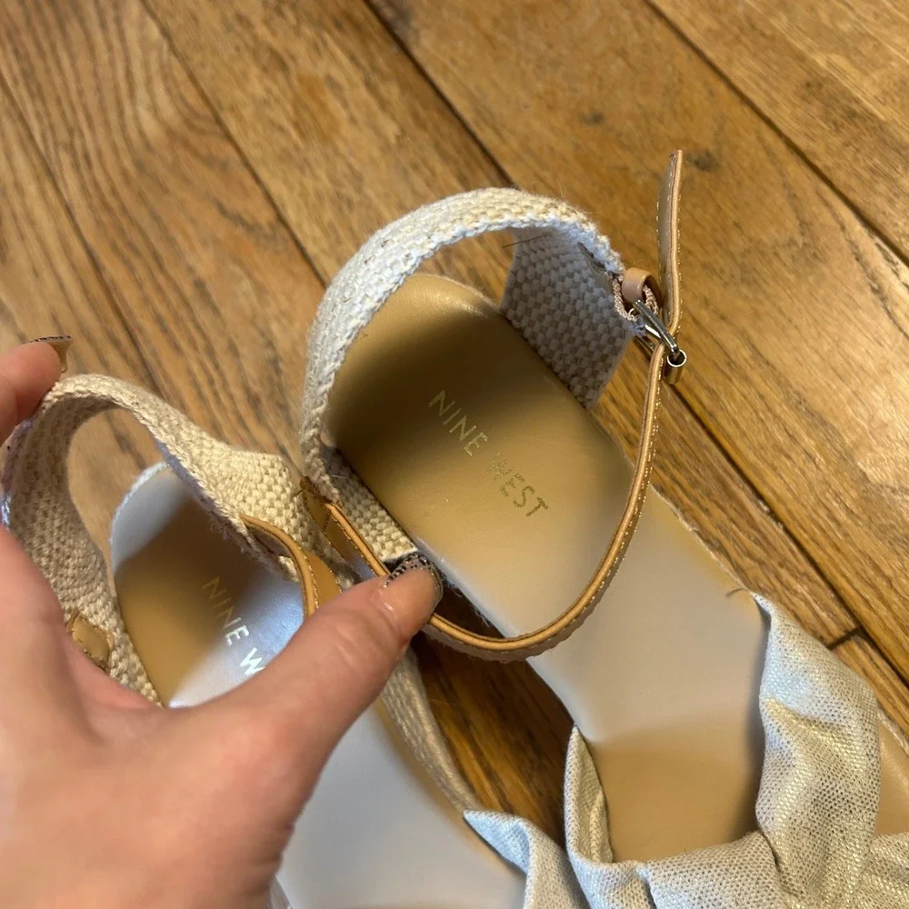 Nine West Jolly Cream Espadrille Wedge Sandals Knotted Bow Ankle Strap 9.5M